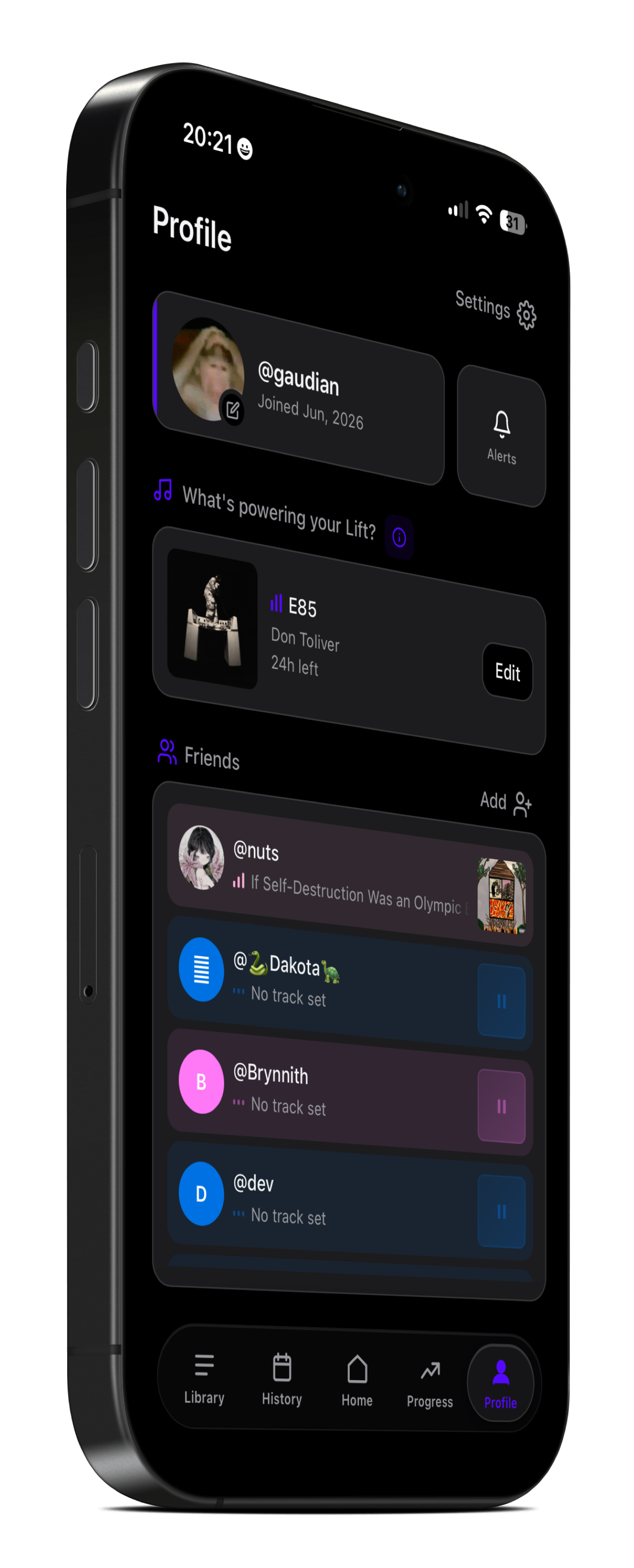 Lift profile screen with friends and Spotify track sharing