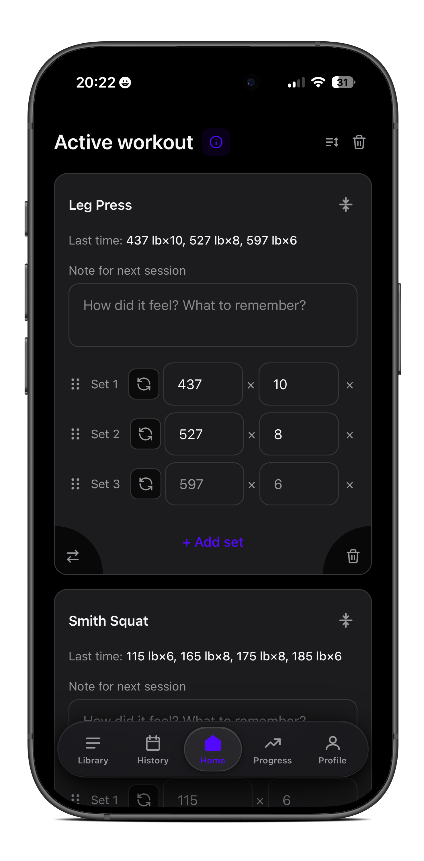 Lift active workout logging with last-session placeholders